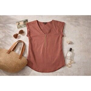 Express Mauve Modal Blend Zip V-Neck Short Sleeve Blouse | Solid | Size M